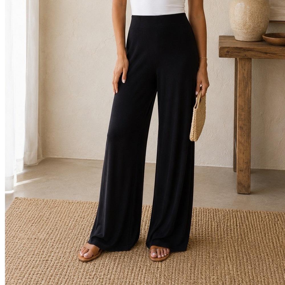 Chico's Travelers Black Wide Leg Pants Petite 1P Elastic Waist Acetate Blend